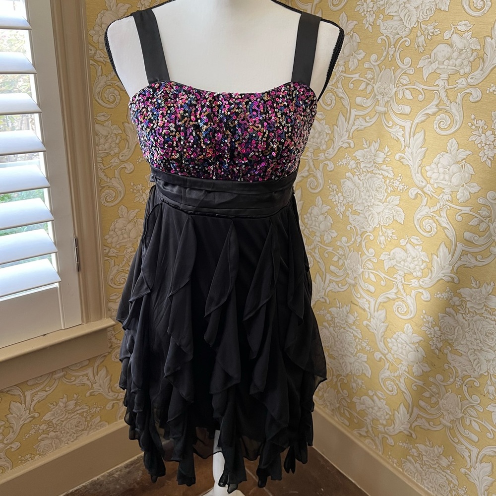 Girls Roxette multicolor sequin black silky overlay dress XL
